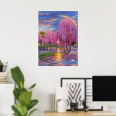 Pink Willow tree bei Sonnenuntergang am Teich Poster (Heimbüro)