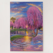 Pink Willow tree bei Sonnenuntergang am Teich Puzzle (Vertikal)
