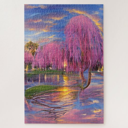 Pink Willow tree bei Sonnenuntergang am Teich Puzzle (Vertikal)