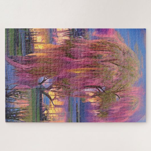 Pink Willow tree bei Sonnenuntergang am Teich Puzzle (Horizontal)