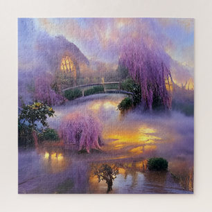 Pink Willow tree bei Sonnenuntergang am Teich Puzzle