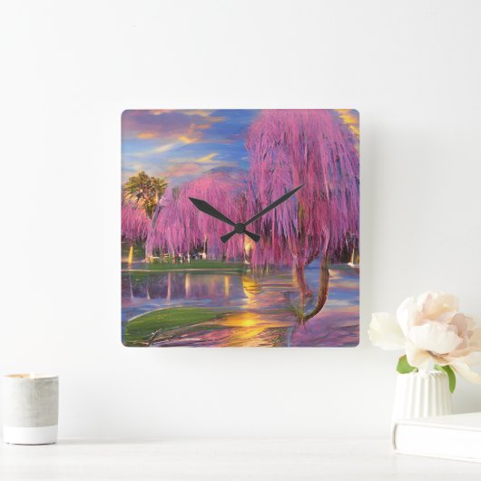 Pink Willow tree bei Sonnenuntergang am Teich Quadratische Wanduhr (Zuhause)