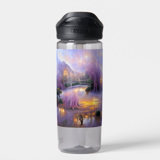 Pink Willow tree bei Sonnenuntergang am Teich Trinkflasche (Rückseite)