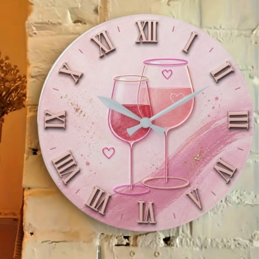 Pink Wine Glass Große Wanduhr