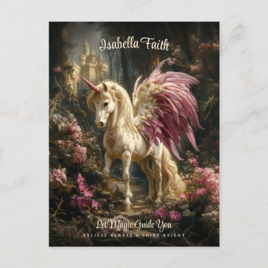 Pink Winged Unicorn Wald Förderung Postkarte (Vorderseite)