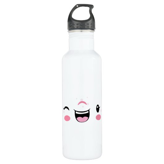 Pink Winking Kawaii Face Edelstahlflasche (Vorderseite)