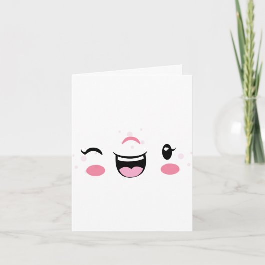 Pink Winking Kawaii Face Note Card Karte (Vorderseite)