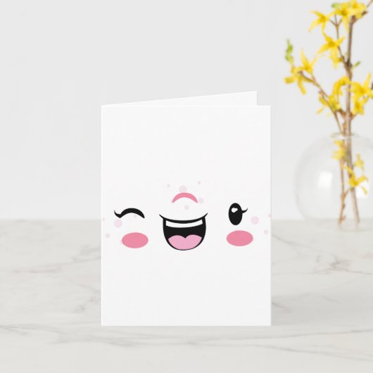 Pink Winking Kawaii Face Note Card Karte (Gelbe Blume)