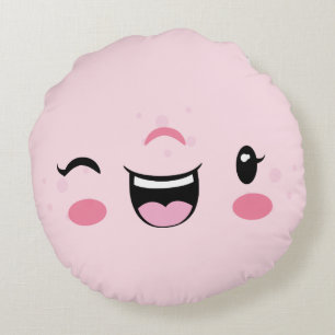 Pink Winking Kawaii Face Round Pillow Rundes Kissen