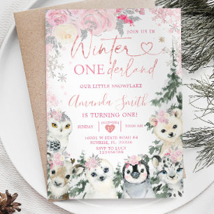 Pink Winter Animal Onederland Snowflake Geburtstag Einladung