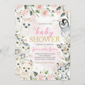 Pink Winter Arctic Animals Baby Dusche Einladung (Vorne/Hinten)