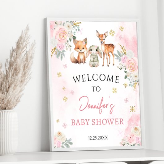 Pink Winter Baby Girl Dusche Willkommensschild Poster