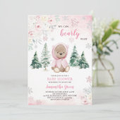 Pink Winter Bear Baby Dusche Einladung (Stehend Vorderseite)