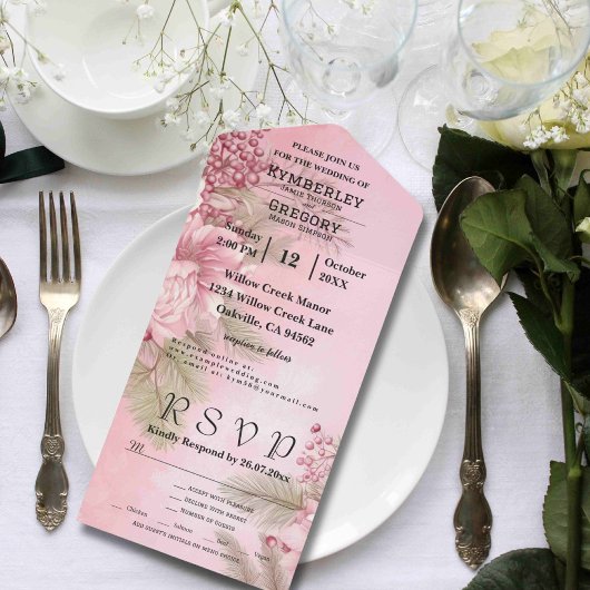 Pink Winter Berry Floral Weihnachten Minimalistisc All In One Einladung