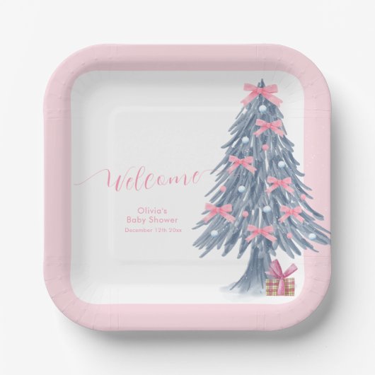 Pink Winter Bow Christmas Tree Baby Shower Welcome Pappteller (Vorderseite)