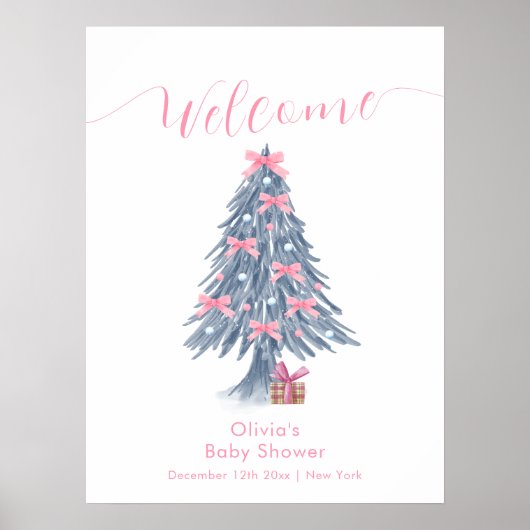 Pink Winter Bow Christmas Tree Baby Shower Welcome Poster (Vorne)