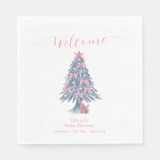 Pink Winter Bow Christmas Tree Baby Shower Welcome Serviette (Vorderseite)