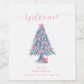 Pink Winter Bow Christmas Tree Baby Shower Welcome Weinetikett (Einzelnes Label)