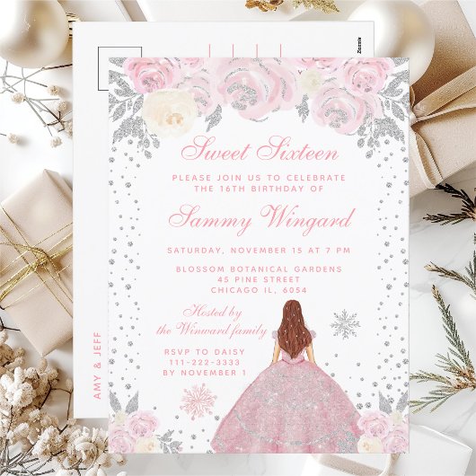 Pink Winter Brown Haar Princess 16 . Geburtstag Postkarte