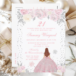 Pink Winter Brown Haar Prinzessin Geburtstagsparty Postkarte