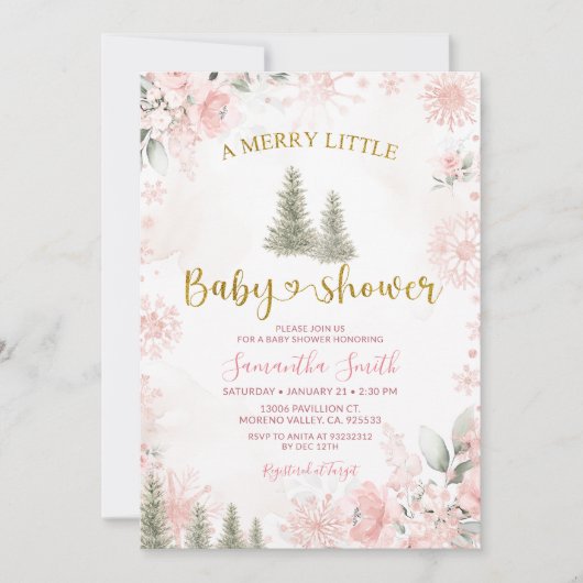 Pink Winter Christmas A Merry Little Baby Shower Einladung (Vorderseite)
