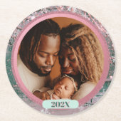 Pink Winter Christmas Family Photo Runder Pappuntersetzer (Vorderseite)