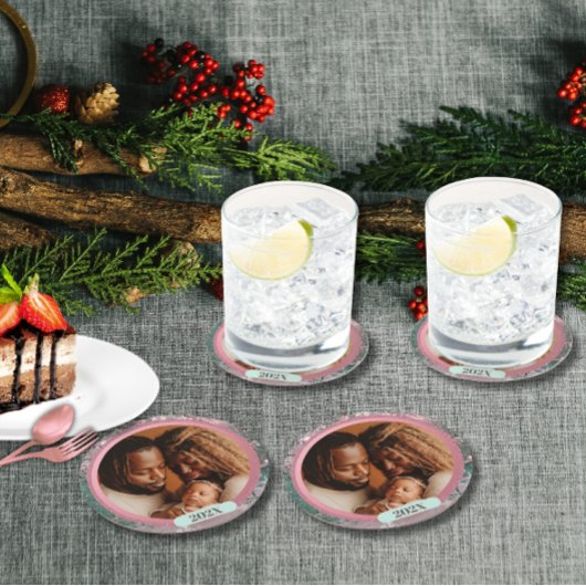 Pink Winter Christmas Family Photo Runder Pappuntersetzer