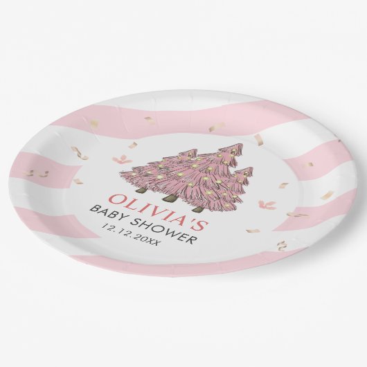 Pink Winter Christmas Tree Santa Baby Dusche Pappteller (Schrägansicht)