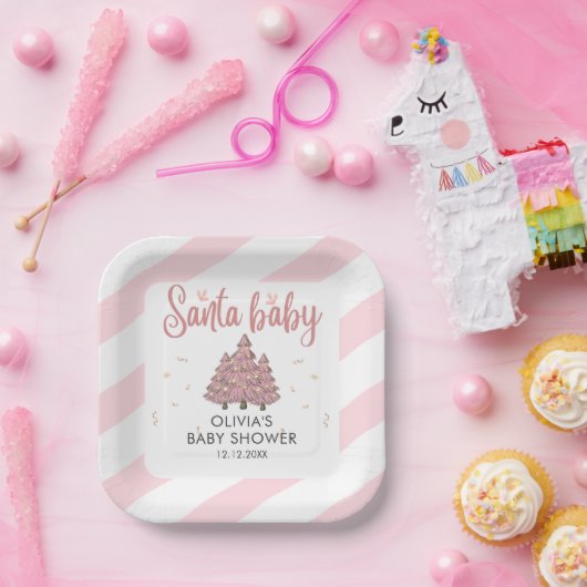 Pink Winter Christmas Tree Santa Baby Dusche Pappteller (Party)