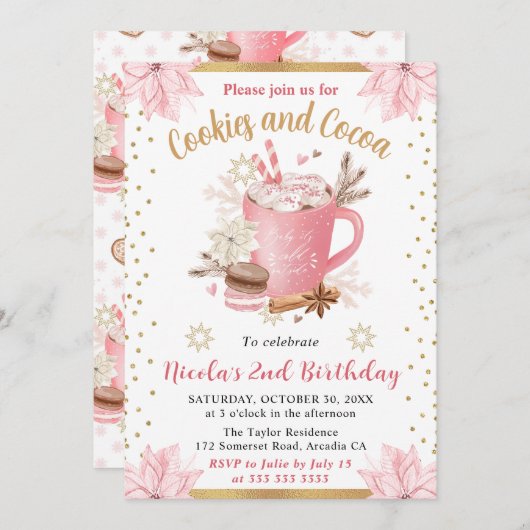 Pink Winter Cookies & Cocoa Birthday Party Einladung (Vorne/Hinten)