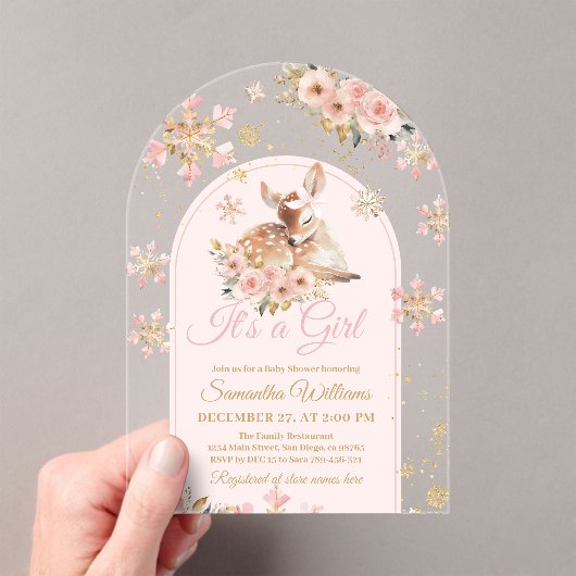 Pink Winter Dei a Girl Baby Dusche Acryleinladungen (Insitu (Handheld))