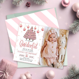 Pink Winter Eingeborene Weihnachtsbaumen Geburtsta Einladung