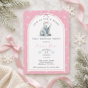 Pink Winter Eisbär Beary 1. Geburtstagsfeier Einladung
