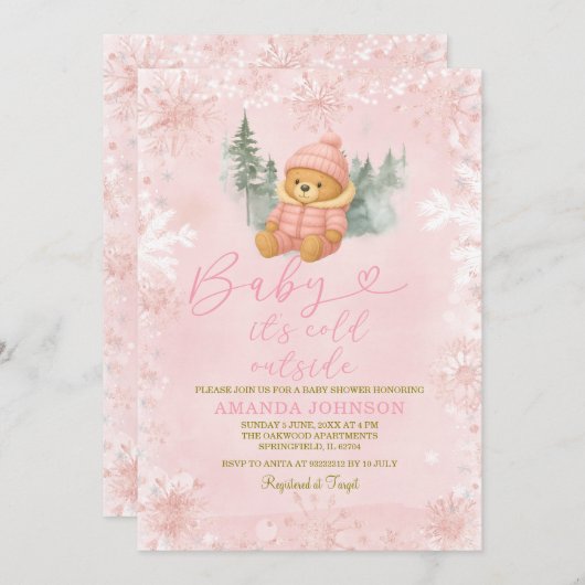 Pink Winter Girl Bear Baby Es ist kalt draußen Einladung (Vorne/Hinten)