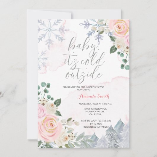 Pink Winter Girl Es ist kalte Außendusche Einladung (Vorderseite)