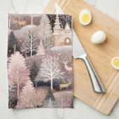 Pink Winter Hirsch Fantasy Schloss Landschaft (2) Geschirrtuch (Viertel Falte)