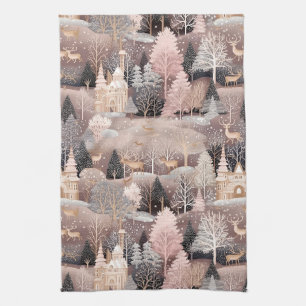 Pink Winter Hirsch Fantasy Schloss Landschaft (2) Geschirrtuch