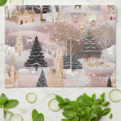 Pink Winter Hirsch Fantasy Schloss Landschaft (4) Geschirrtuch (Gefaltet)