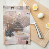 Pink Winter Hirsch Fantasy Schloss Landschaft (4) Geschirrtuch (Viertel Falte)