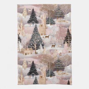 Pink Winter Hirsch Fantasy Schloss Landschaft (4) Geschirrtuch