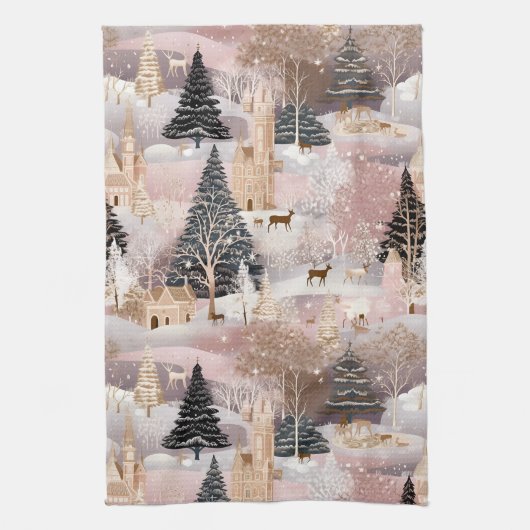 Pink Winter Hirsch Fantasy Schloss Landschaft (4) Geschirrtuch (Vertikal)
