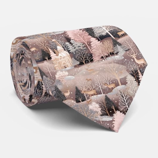 Pink Winter Hirsch Fantasy Schloss Landschaft (4) Krawatte (Gerollt)