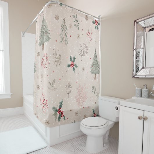 Pink Winter - Holly Leaves, Pine Tree, Snowflakes Duschvorhang (Beispiel)