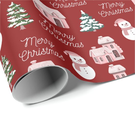 Pink Winter Hütte Pine Trees Weihnachten Geschenkpapier (Rolleneckpunkt)