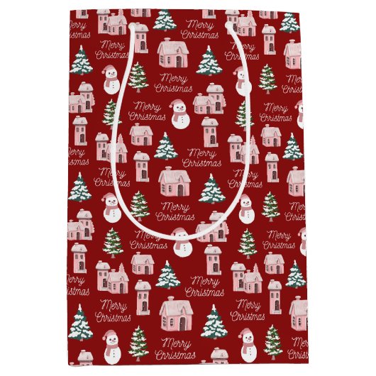 Pink Winter Hütte Pine Trees Weihnachten Mittlere Geschenktüte (Vorderseite)