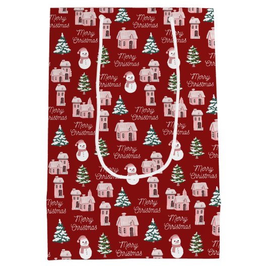 Pink Winter Hütte Pine Trees Weihnachten Mittlere Geschenktüte (Rückseite)