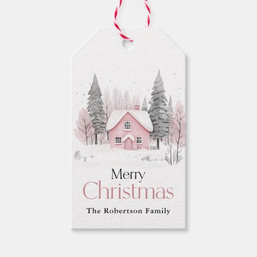 Pink Winter Hütte Weihnachten Geschenkanhänger (Vorderseite)