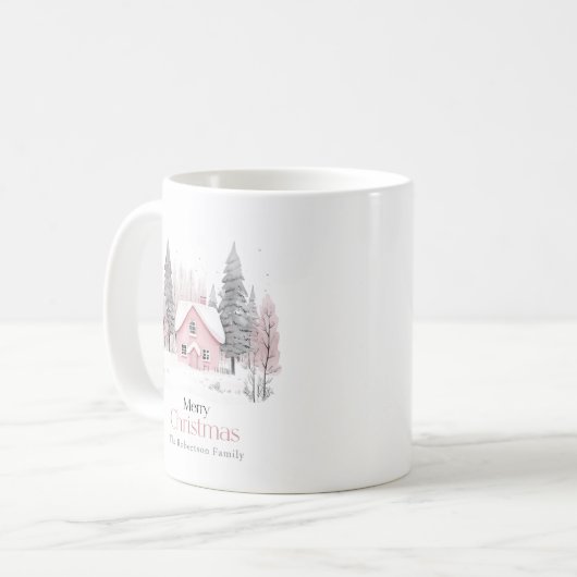 Pink Winter Hütte Weihnachten Kaffeetasse (Vorderseite Links)