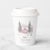 Pink Winter Hütte Weihnachten Pappbecher (Rückseite)