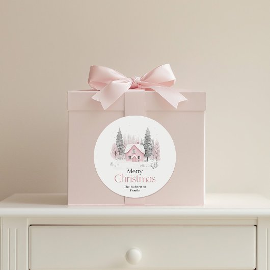 Pink Winter Hütte Weihnachten Runder Aufkleber